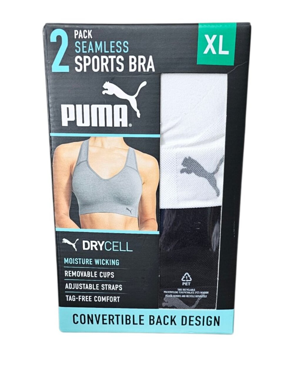 PUMA Women's Seamless Convertible Drycell Sports Bra 2-Pack New Black White NIB